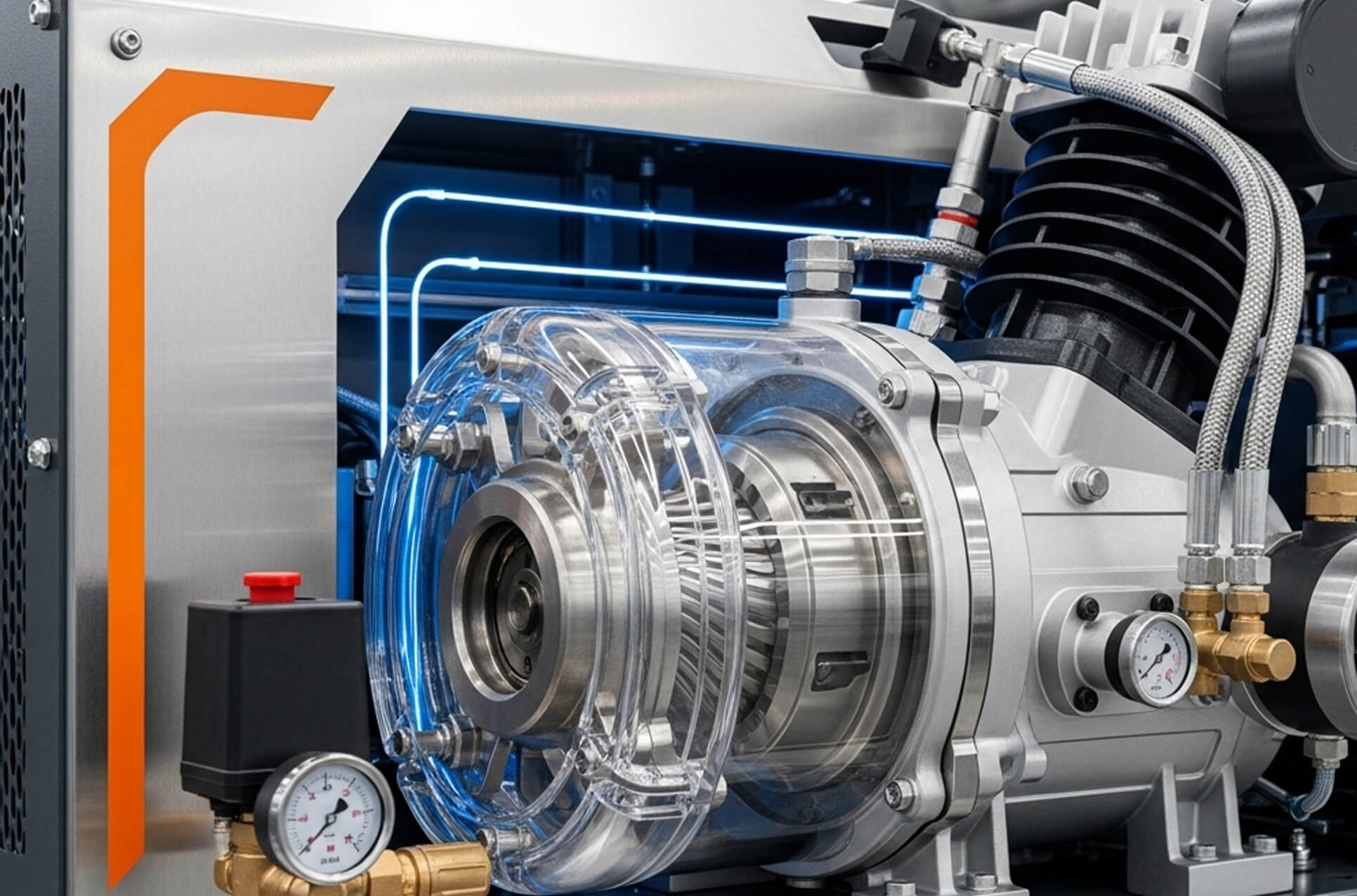 Compressor with pressure gauges in an engine room