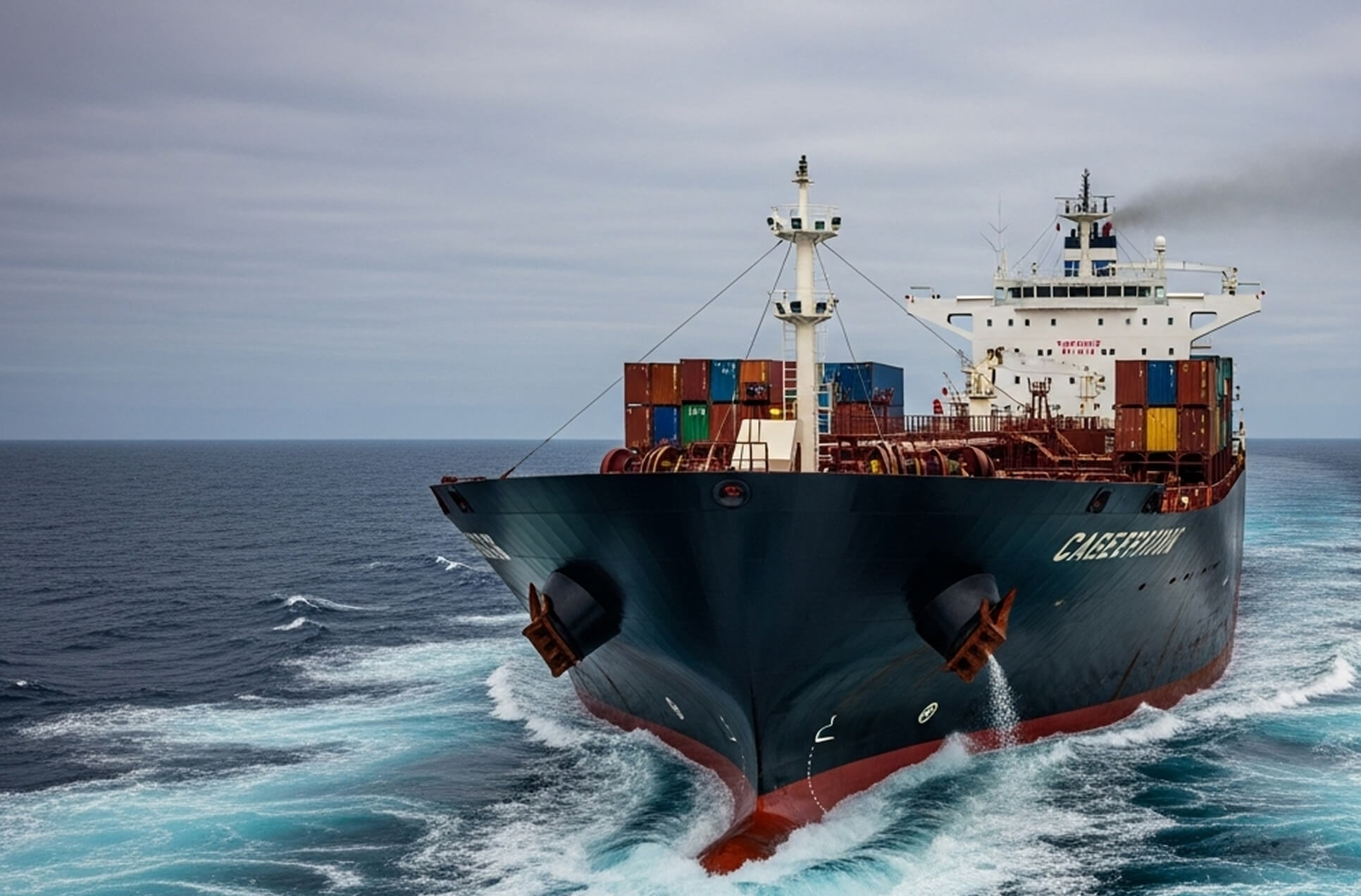 Container ship sailing on a rough sea
