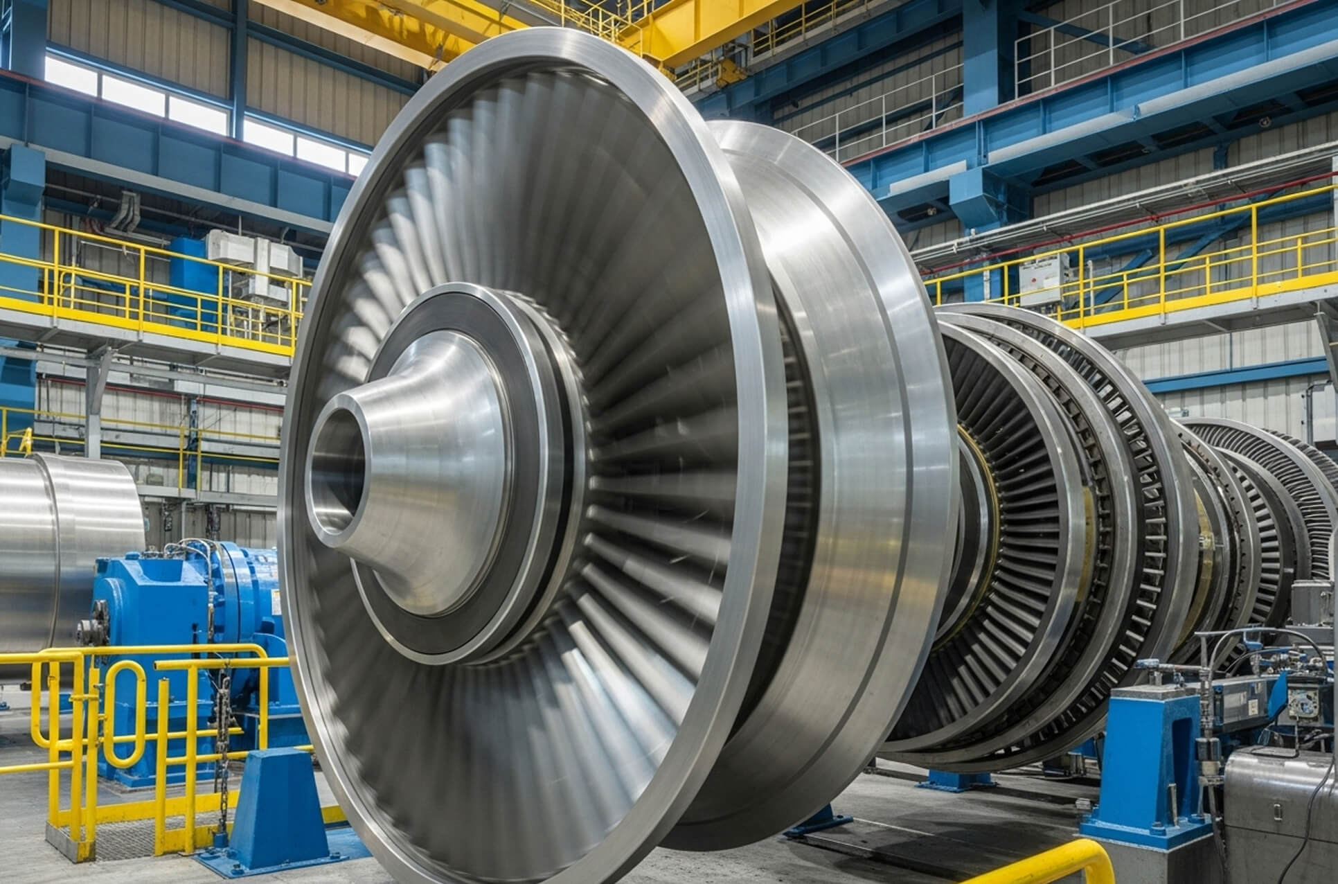 Steam turbine rotor in a power plant hall